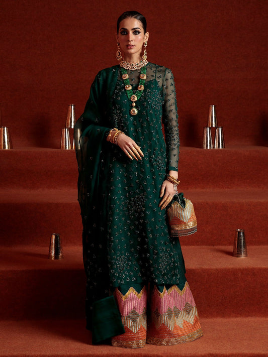 Hussain Rehar green organza embellished shirt with raw silk palazzo pants and organza dupatta