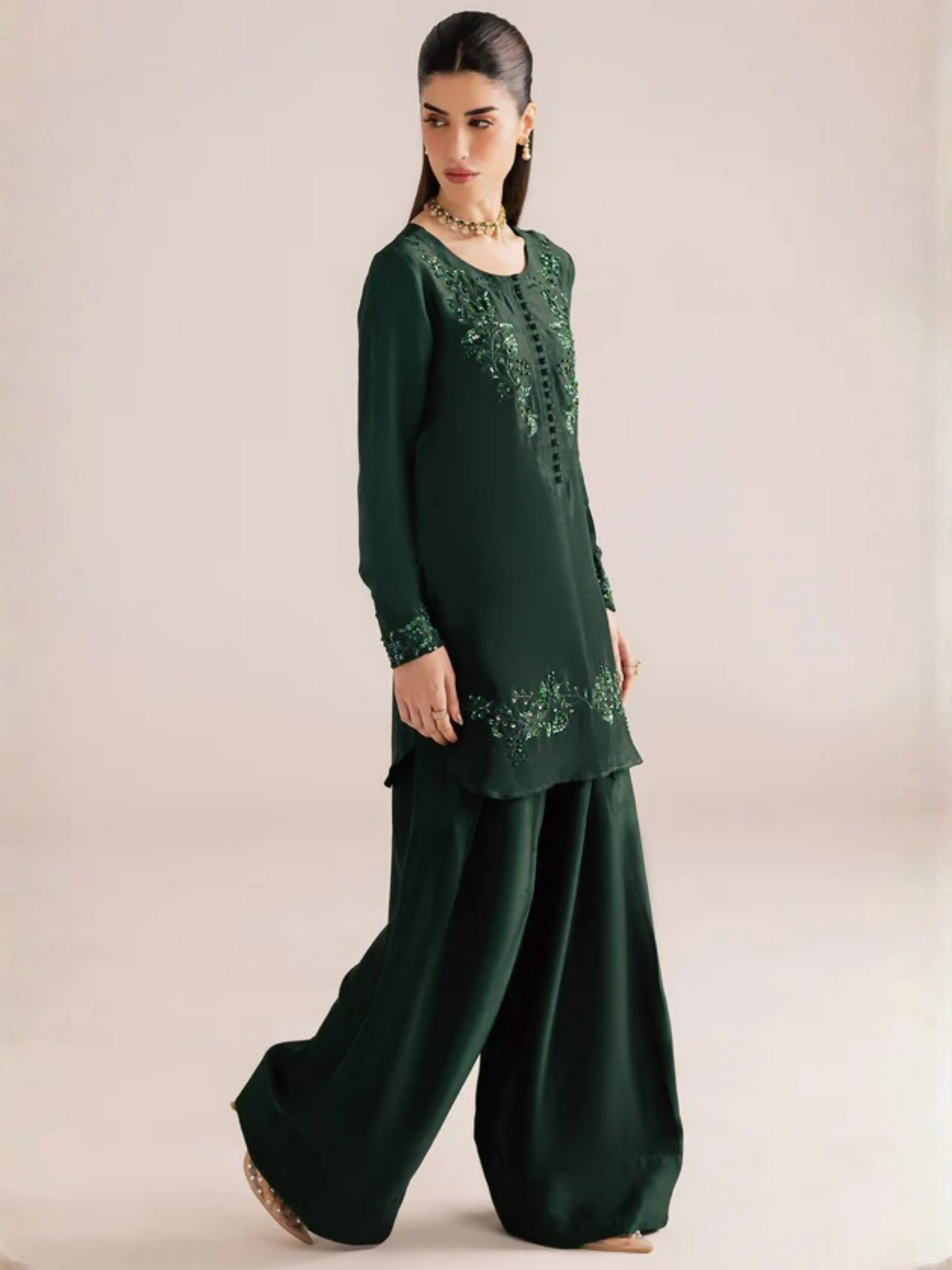 Allure By IH Silver Night Tussel Silk Embroidered Stitched 3-Piece Suit-Forest