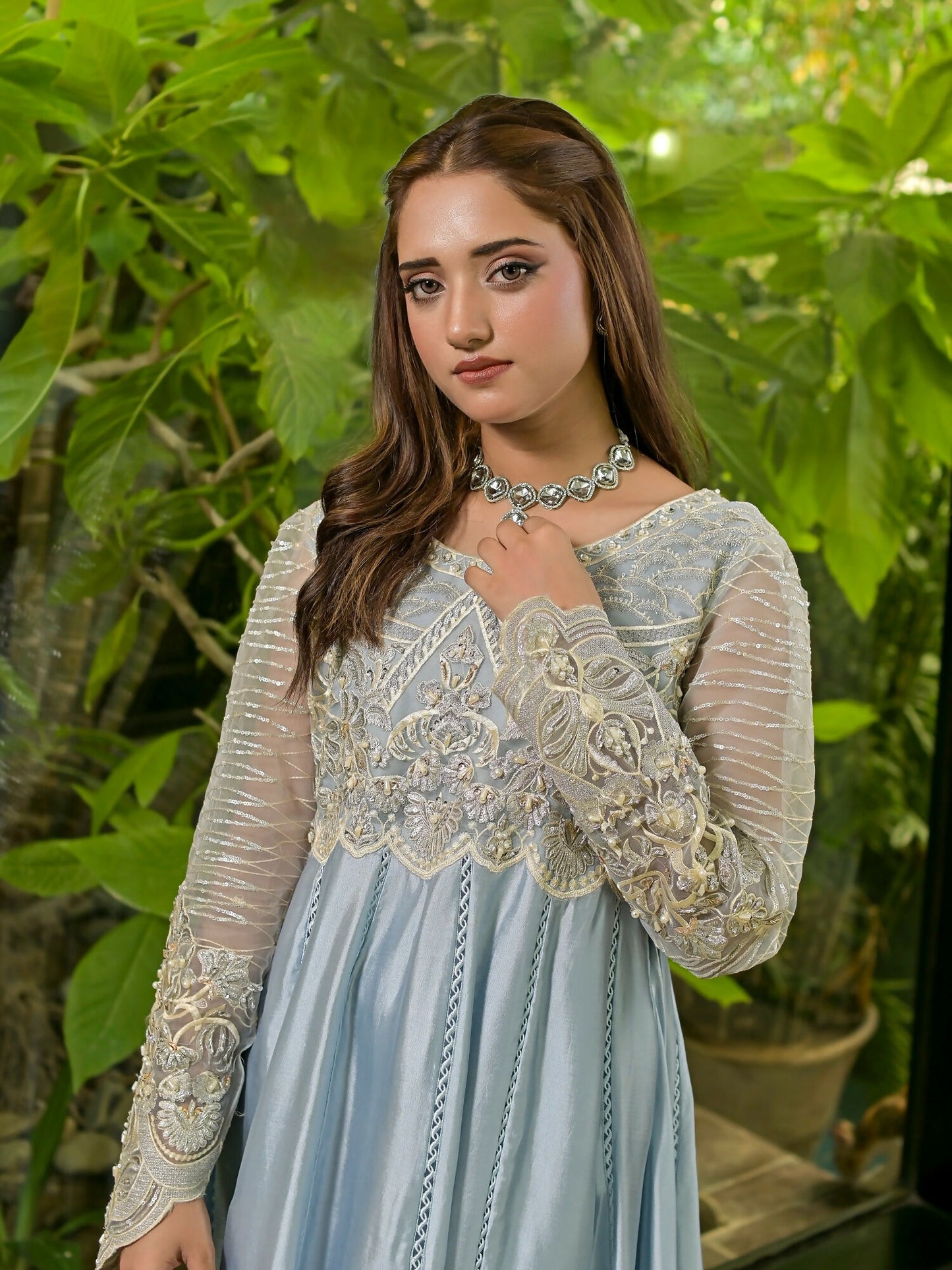 Farooq Hameed Studio Glass Silk Embroidered Stitched 3-Piece Suit-Izzah