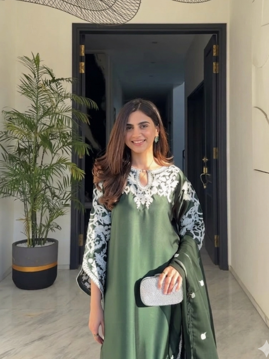 Green Savarna Silk Embroidered Stitched 3-Piece Suit