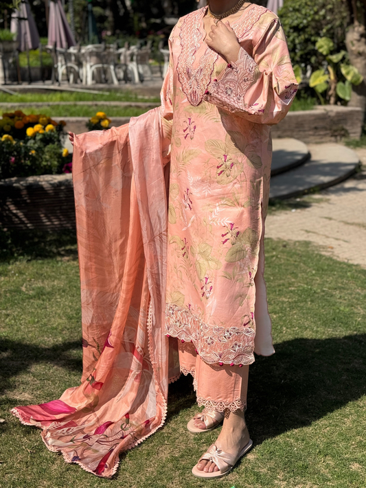Peach Sehrish Kanwal Festive Print'26 Lawn Embroidered Unstitched 3-Piece Suit-Crown