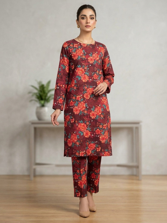 Maroon Bin Shaukat Lawn Printed Unstitched 2-Piece Suit