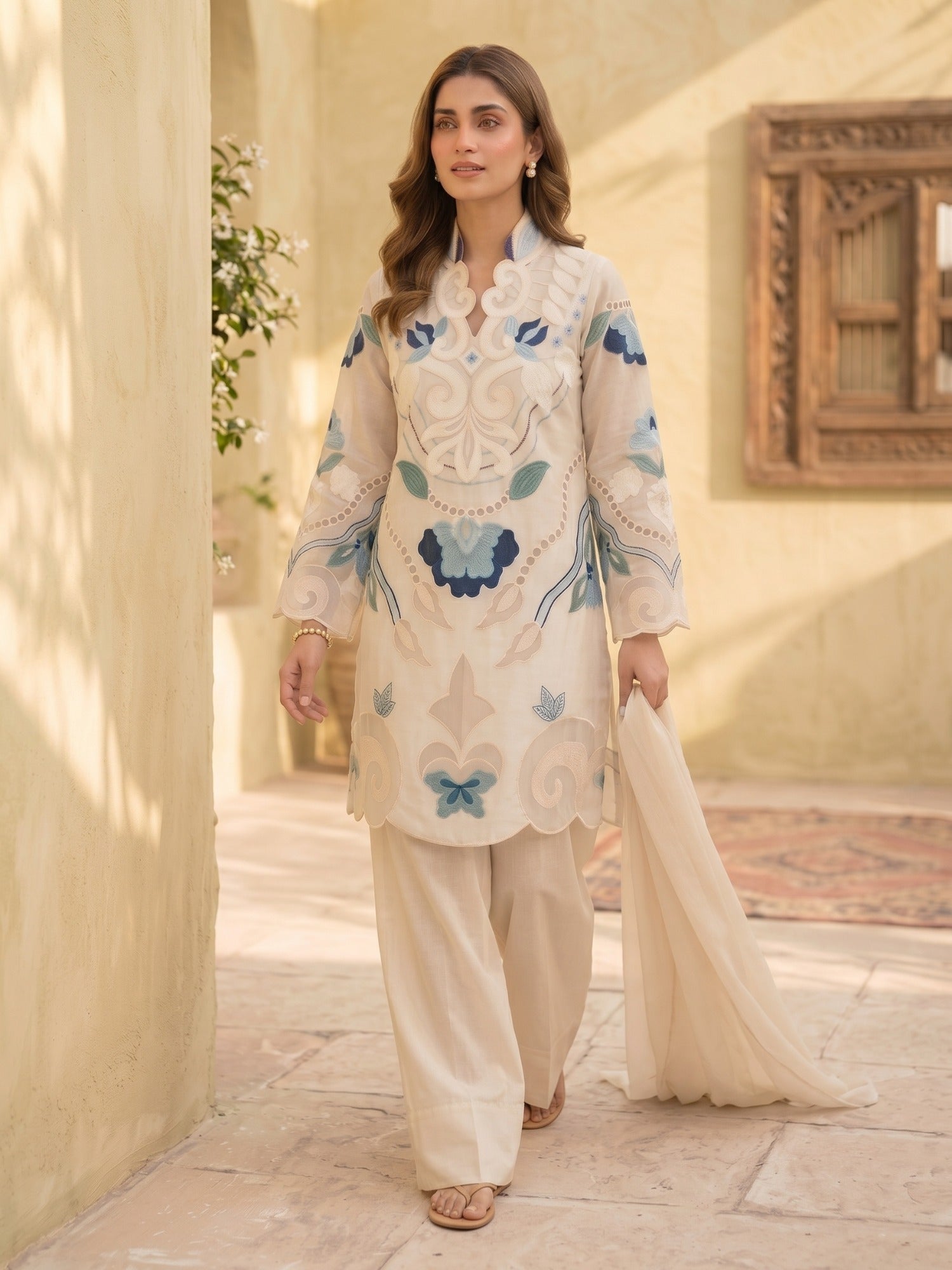 White-Duas Boutique Lawn Embroidered Stitched 3-Piece Suit-Chandni