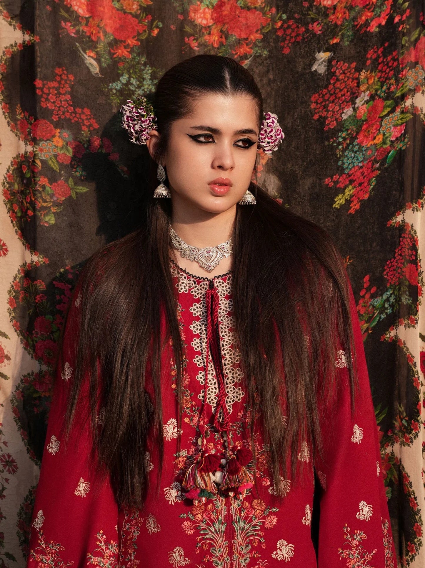 Red Hussain Rehar Barmala Pret'26 Embroidered 3-Piece Suit-Surkh-e-Laleh