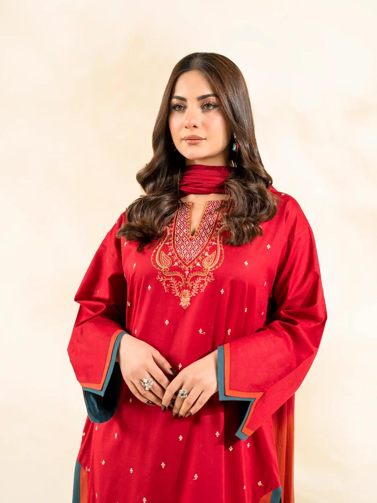 Red-Rabazka Lawn Embroidered Stitched 3-Piece Suit-WRTW-DEL-S26-3PC-03