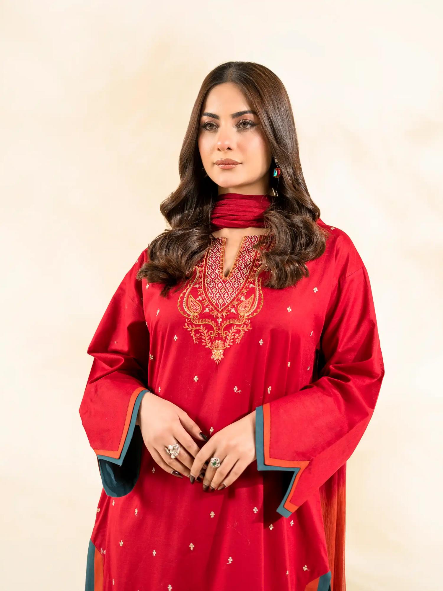 Red-Rabazka Lawn Embroidered Stitched 3-Piece Suit-WRTW-DEL-S26-3PC-03