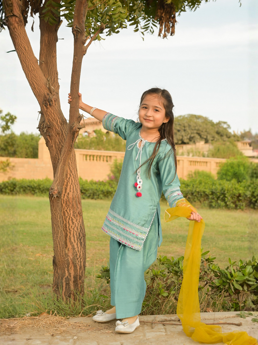 Kidoz Kloset Cotton Silk Embroidered Stitched 3-Piece Suit-Ocean Breeze Farshi-Girl