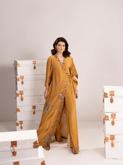 Shurooq Echoes In Bloom Silk Embellished Kaftan Set-Golden Mirage