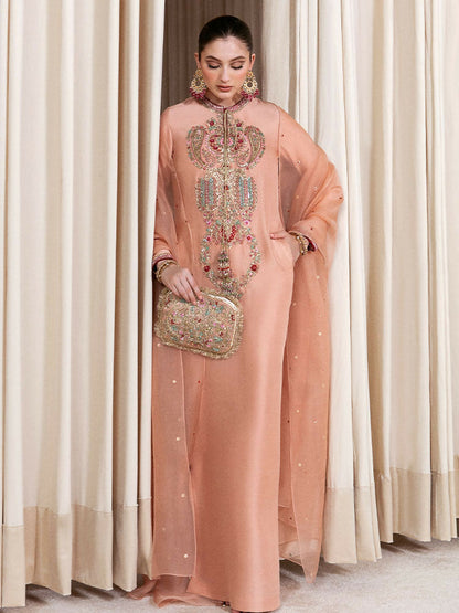 Hussain Rehar – Peach Raw Silk Embellished Shirt with Organza Dupatta