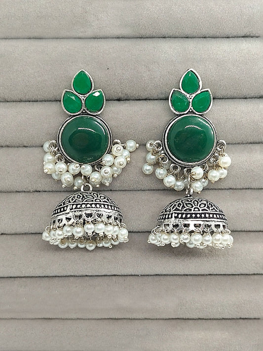H&A Jewellery oxidized silver dome-shaped jhumka earrings with green stones and pearl drops