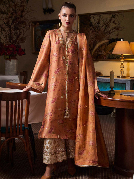 Hussain Rehar rustic mustard raw silk printed shirt with gotta spray and lappa dori closure, hand-embellished culottes, and printed organza dupatta with embellishment spray