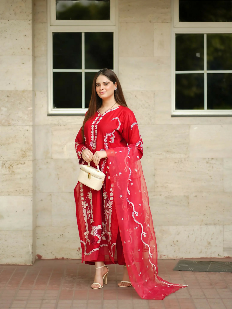 Zeephire Cotton Embroidered Stitched 3 Piece Suit Red Reverie