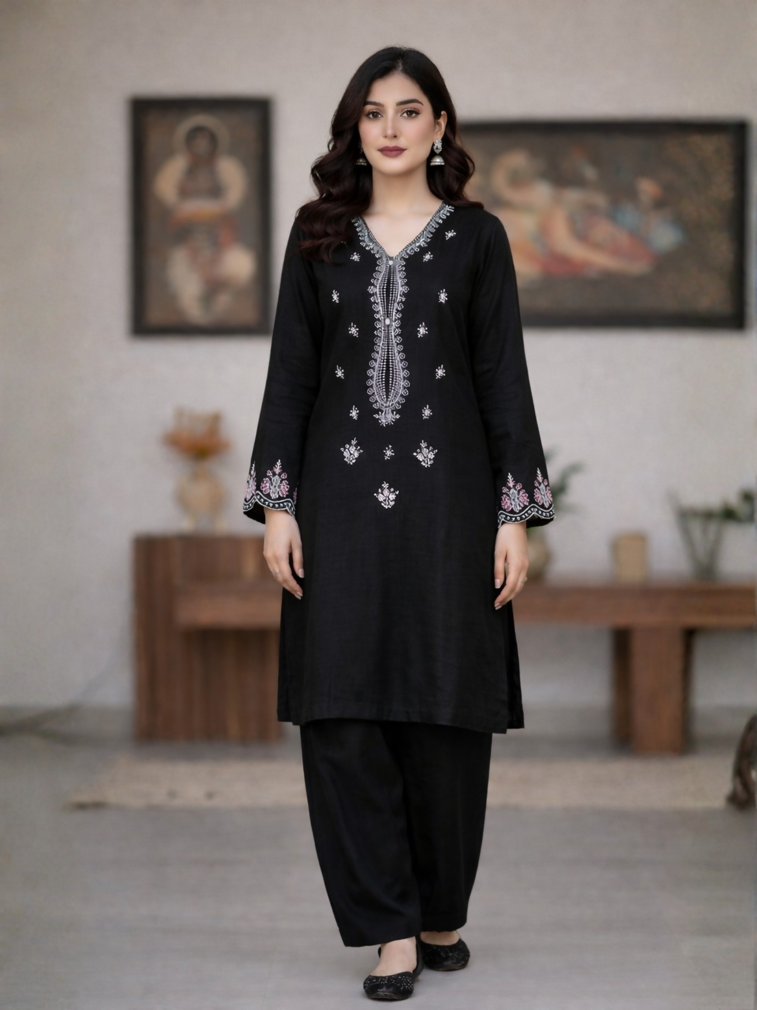 MAK Fashion Khaddar Embroidered Stitched 2-Piece Suit-Black Night