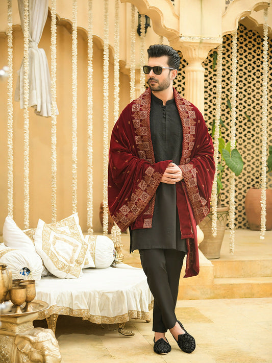 Fabrich Shehnai Men Luxury Embroidered Velvet Shawl Royal-Maroon-GTS-VS-001
