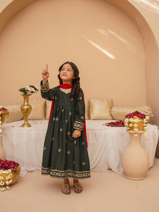 Kidoz Kloset Cotton Silk Embroidered Stitched 3-Piece Suit-Emerald Aura Frock-Girl