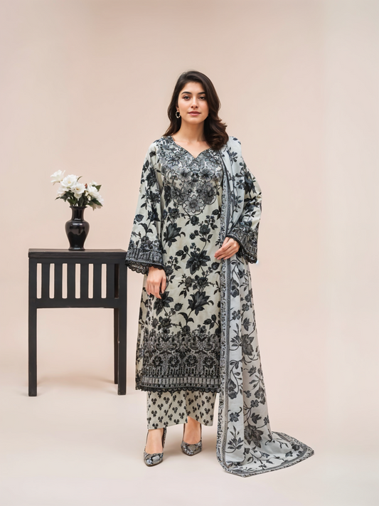 Black and white Masoori Summer Lawn 3-Piece Stitched - 05