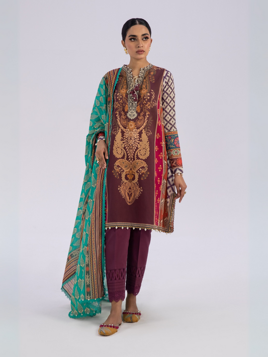 Unstitched 3-piece brown printed suit featuring a turquoise and red printed shirt, multicolor sleeve accents, and a matching dupatta in turquoise, beige, and brown.