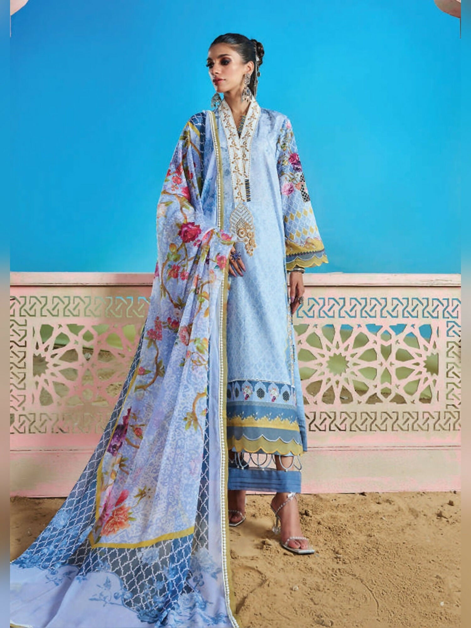 Ice Blue Wardha Saleem Summer Collection Lawn Embroidered Unstitched 3-Piece Suit-D-11 Suroor