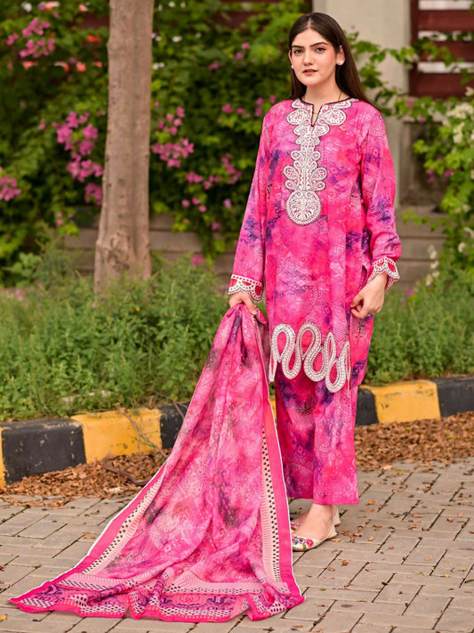 MH Cloth House Cotton Lawn Embroidered Stitched 3-Piece Suit-Gulabi Jhalak