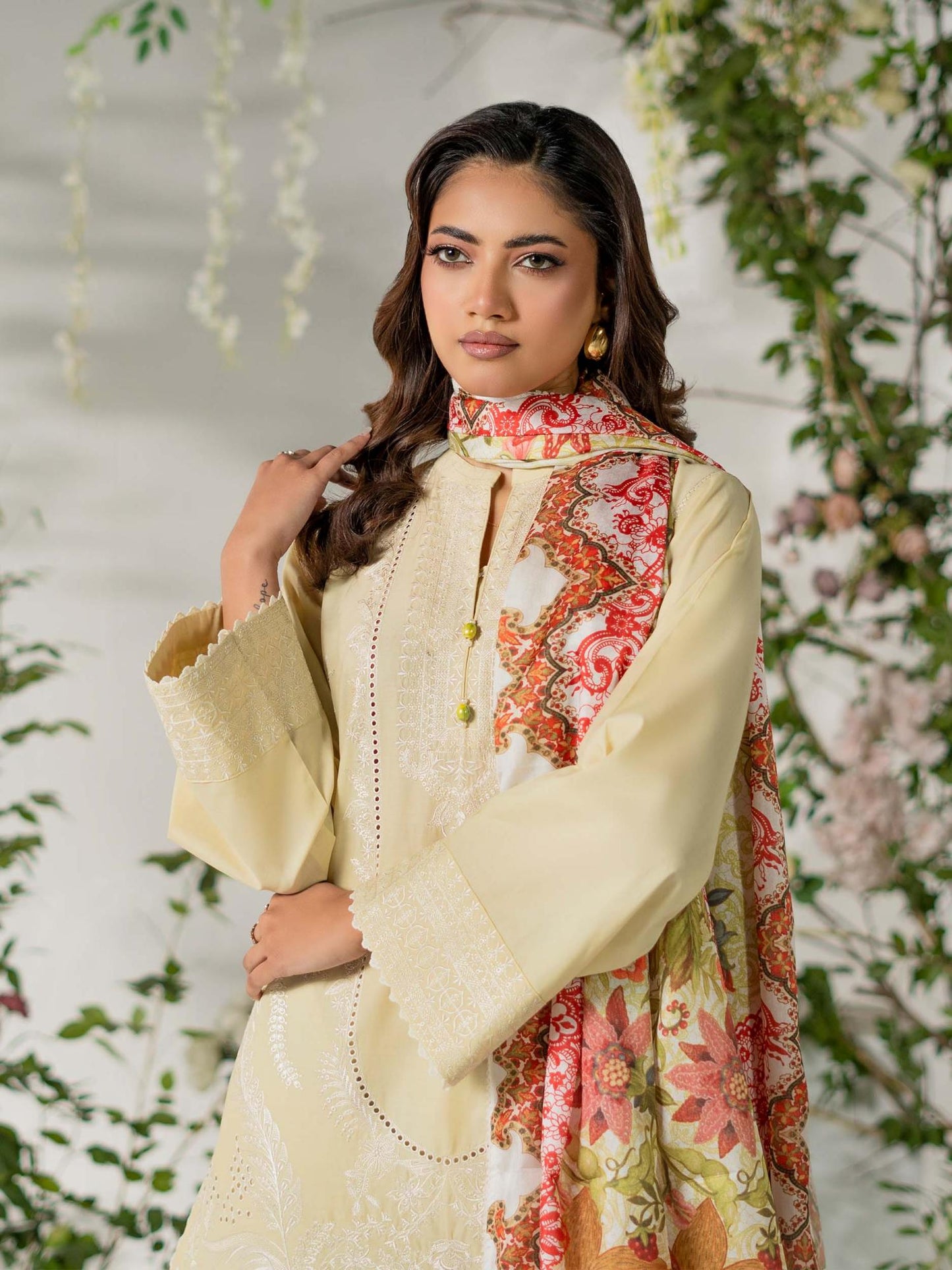 Cream Rabazka Lawn Embroidered Unstitched 3-Piece Suit-WUS-DELW-3P-S26-07