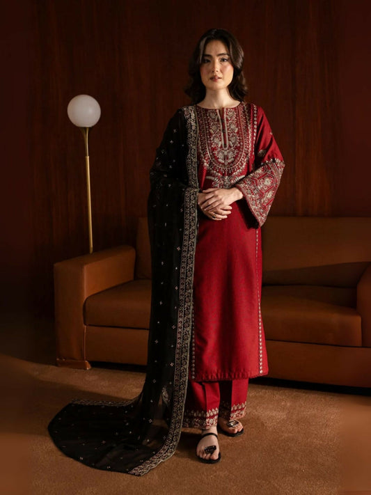 Tehzeeb Libas stitched 3-piece printed lawn suit in maroon tones with traditional motifs, matching printed trousers, and printed chiffon dupatta.