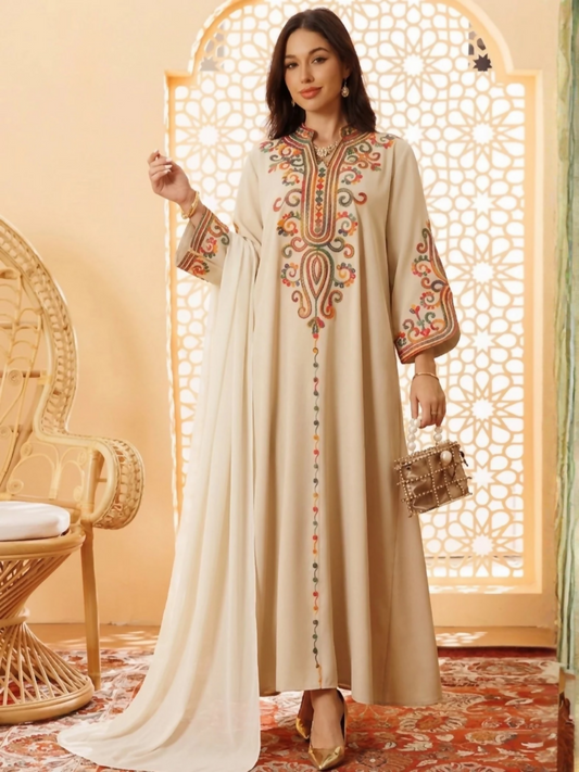 Beige-Duas Boutique Linen Embroidered Kaftan Set-Noor-e-Sahar
