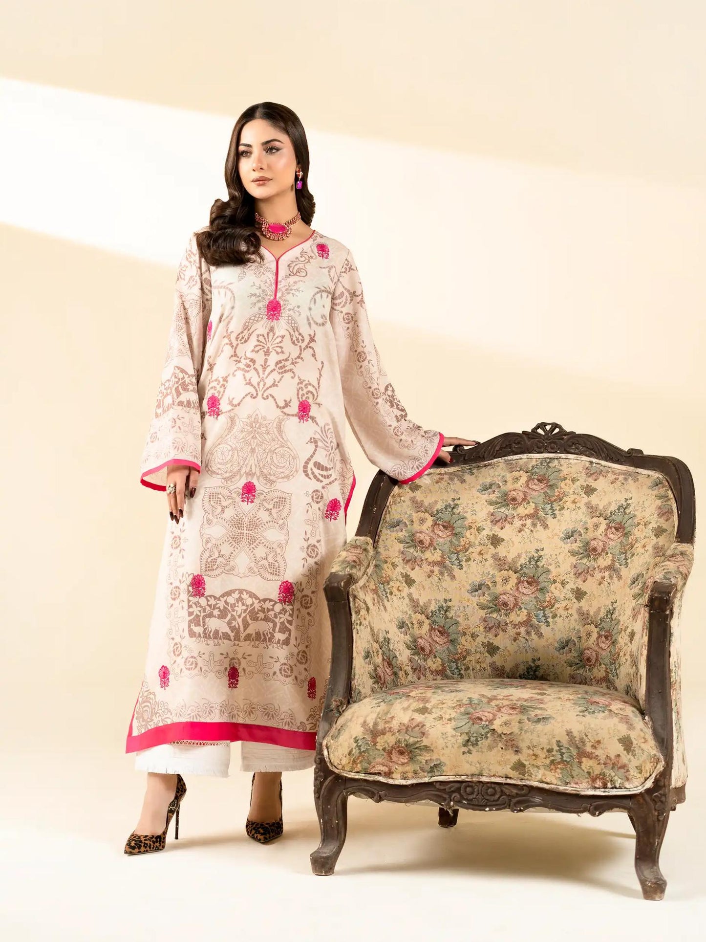Pink and white-Rabazka Lawn Embroidered Stitched Shirt-WRTW-PLCK-1PC-S26-06