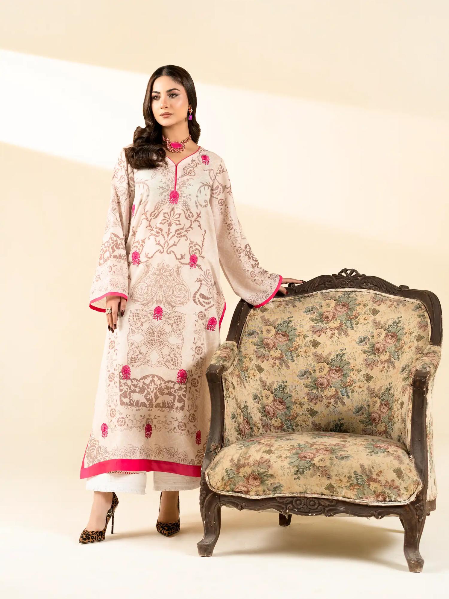 Pink and white-Rabazka Lawn Embroidered Stitched Shirt-WRTW-PLCK-1PC-S26-06