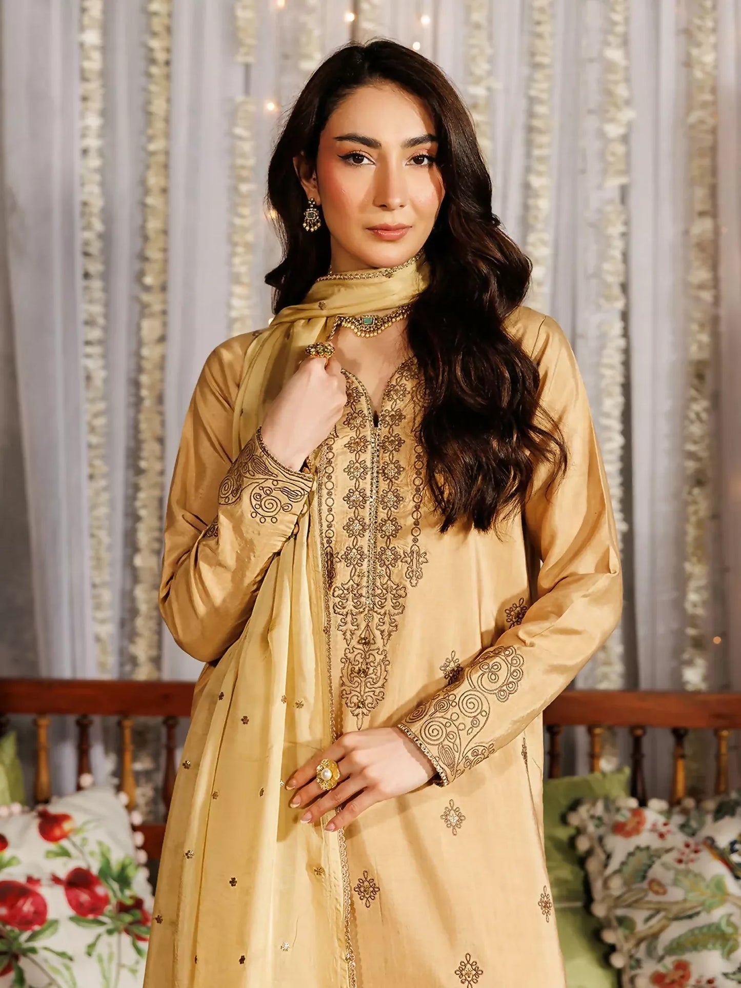 Panache Apparel Noore Eid Edit Raw Silk Embroidered Stitched Suit-Deyar
