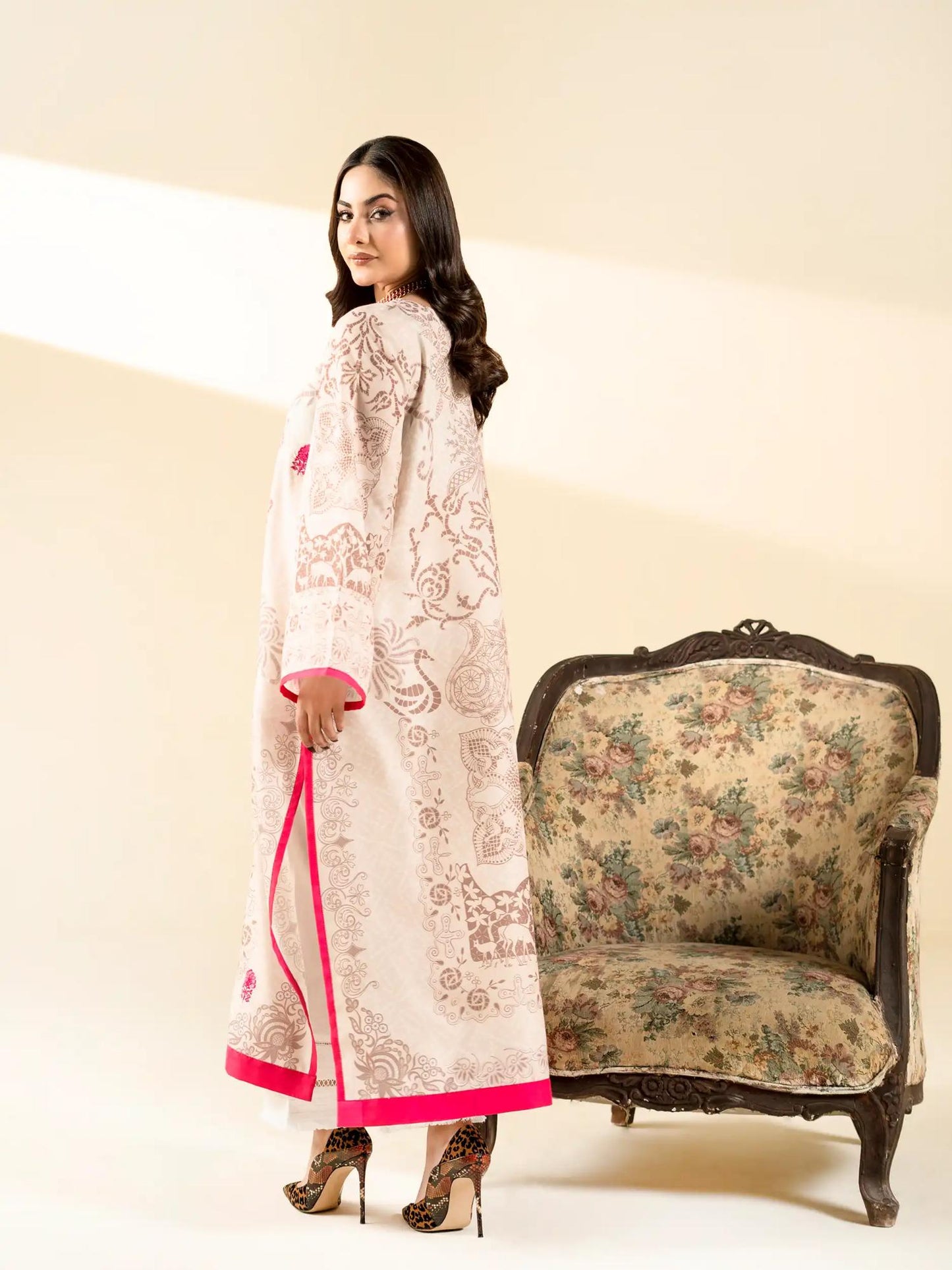 Pink and white-Rabazka Lawn Embroidered Stitched Shirt-WRTW-PLCK-1PC-S26-06
