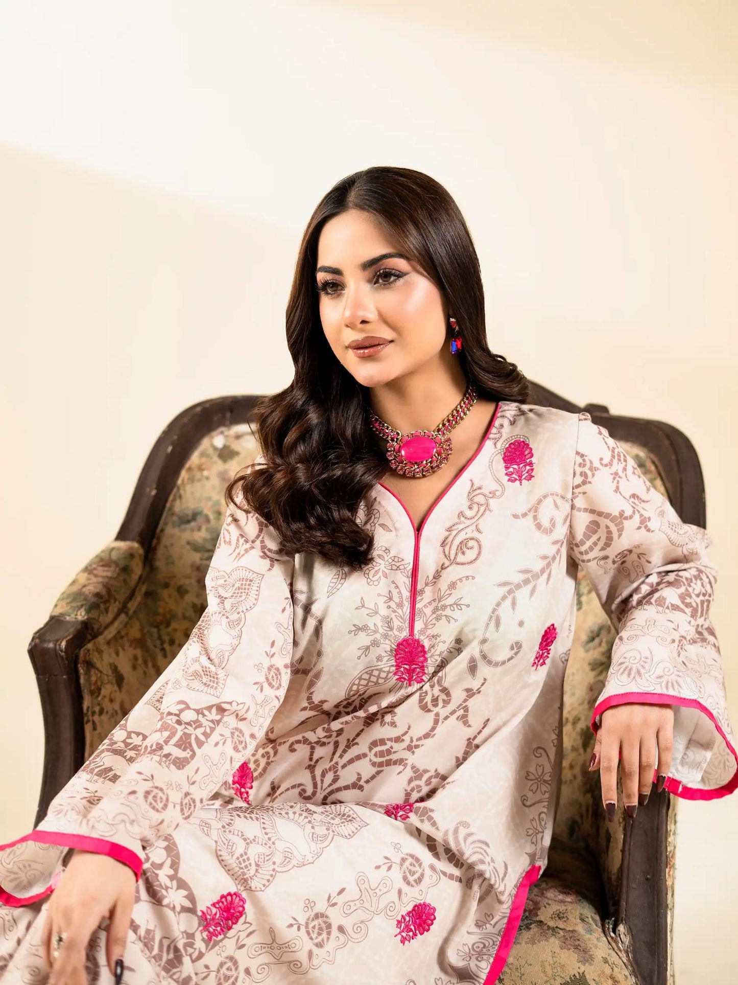 Pink and white-Rabazka Lawn Embroidered Stitched Shirt-WRTW-PLCK-1PC-S26-06