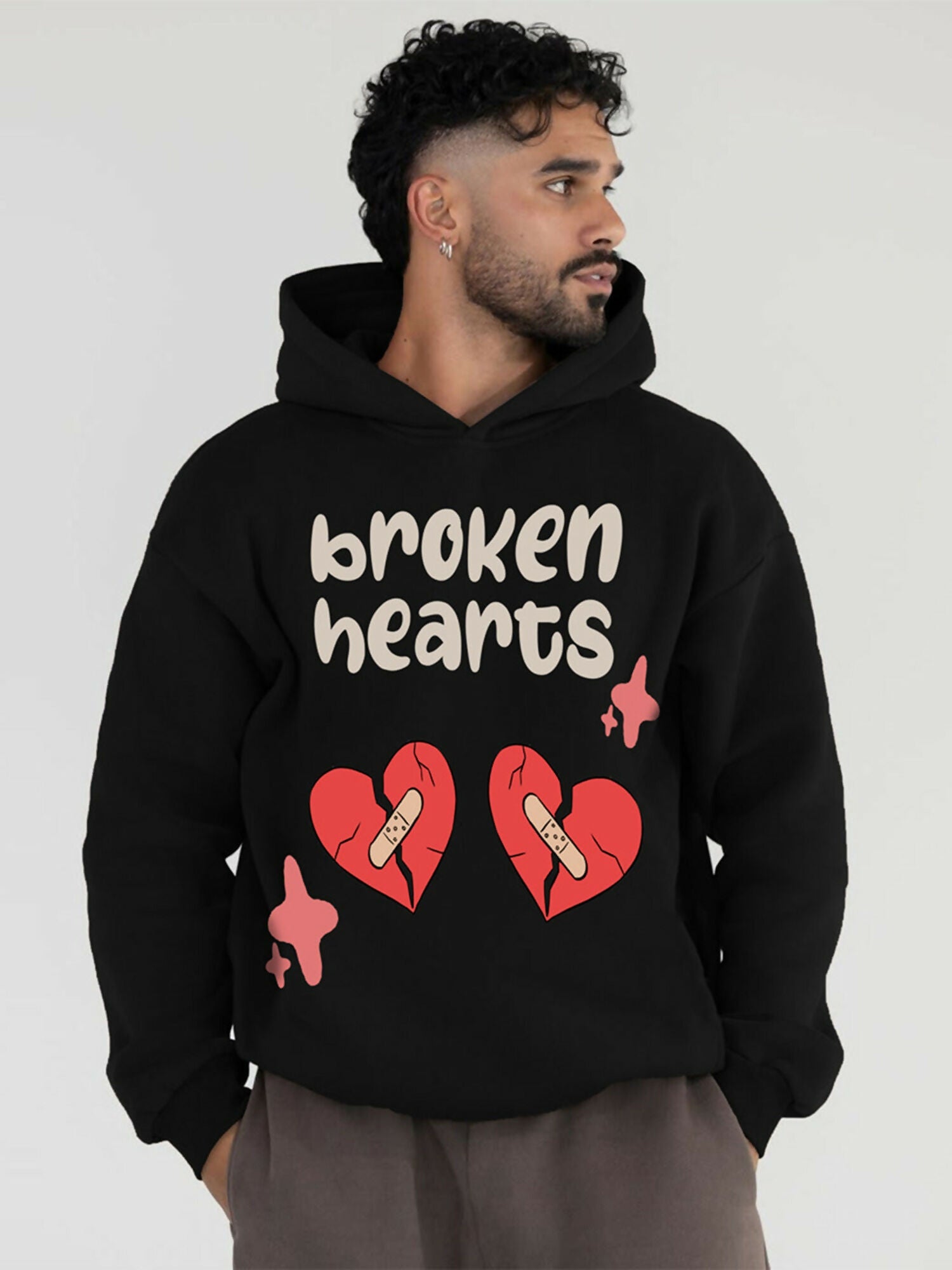 Black and Brown Jupiter Oversized Broken Heart’S Printed Hoodie-14891