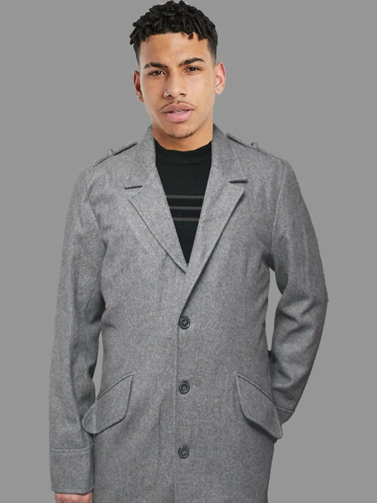 Men’s slim-fit long coat made from 80% wool and 20% polyester, featuring single-press button closure, side flap pockets, and open-hem sleeves