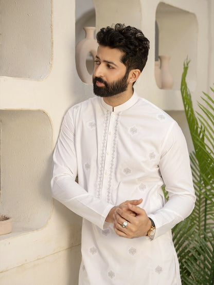 Fabrich Men Wash & Wear Embroidered Unstitched Shalwar Kameez-Off White