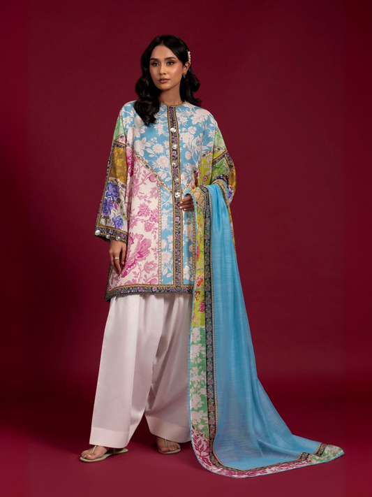 Unstitched 2-piece suit by Sana Safinaz with digitally printed lawn shirt and digital printed monarc dupatta.