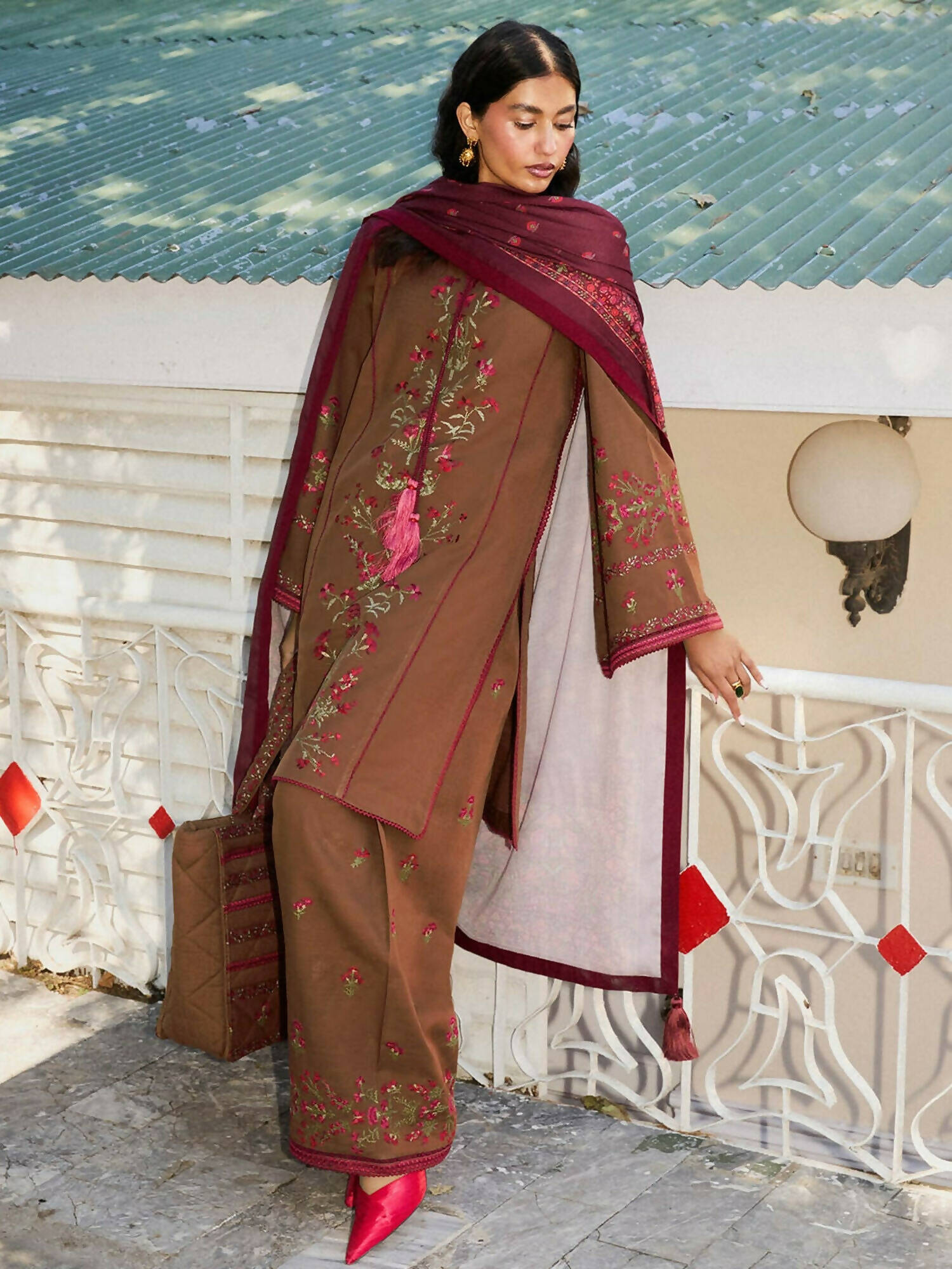 Jugnu by Hussain Rehar Khaddar Embroidered Unstitched 3-Piece Suit-Hazel