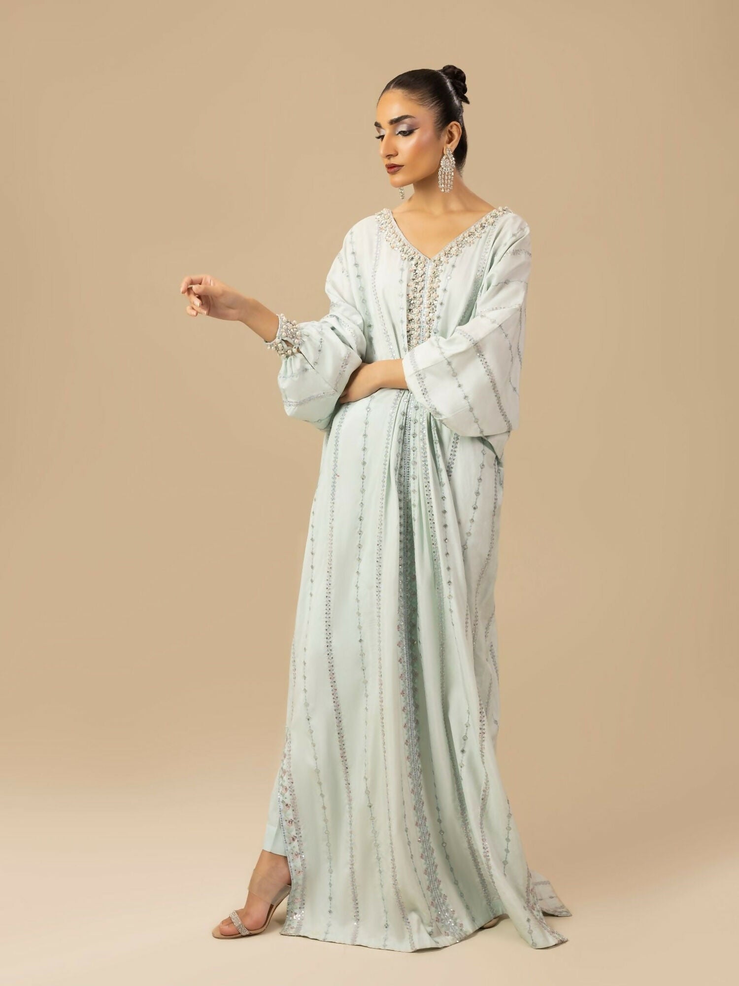 Shurooq Garden Of Dreams Silk Embroidered Kaftan Set-Frost