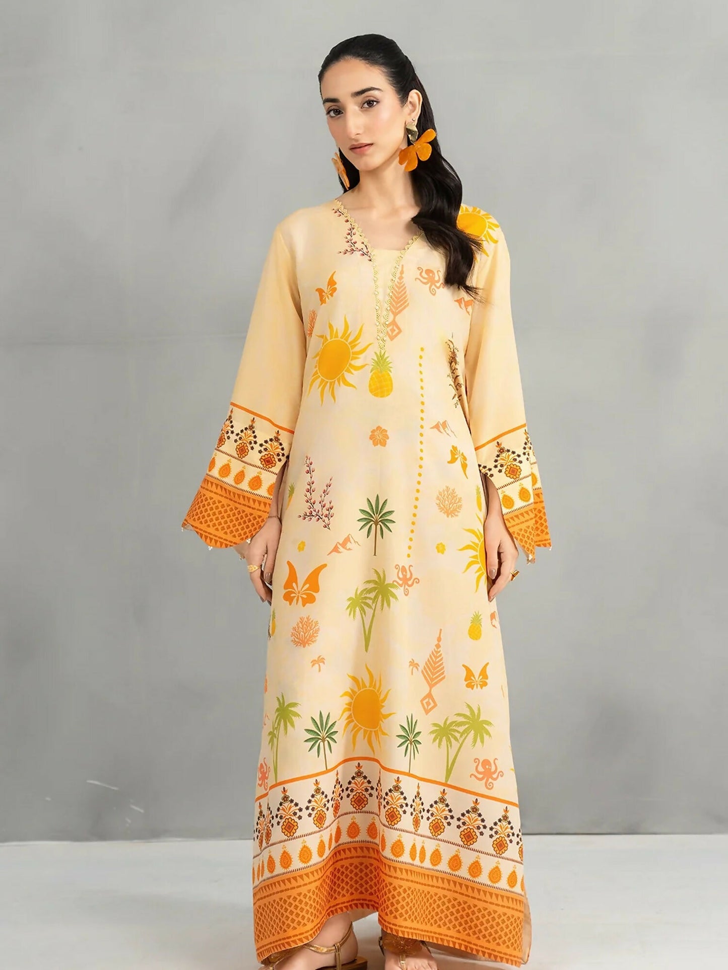Panache Apparel Dear Summer Silk Lawn Printed Kaftan-Yellow Bloom