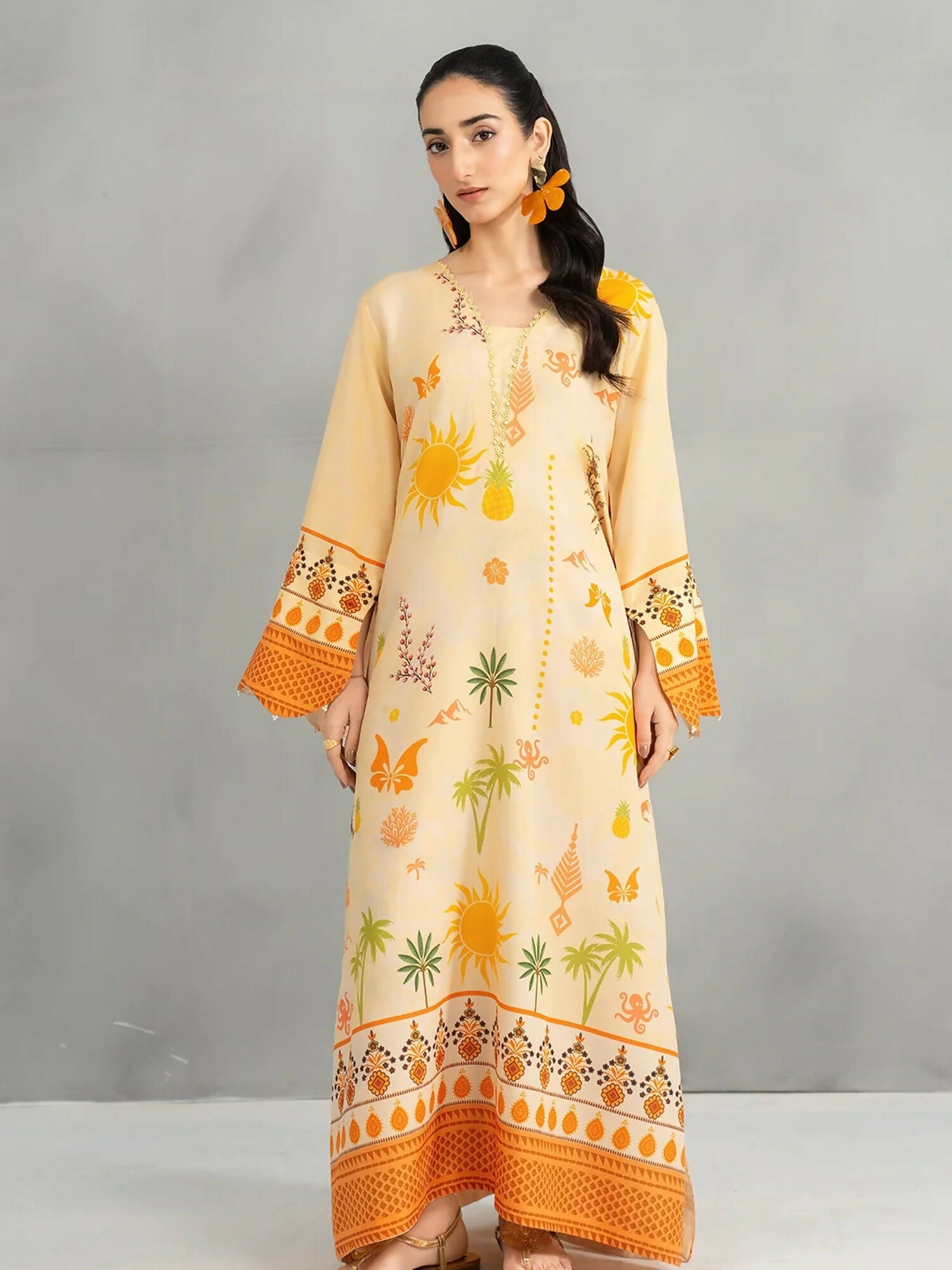 Panache Apparel Dear Summer Silk Lawn Printed Kaftan-Yellow Bloom