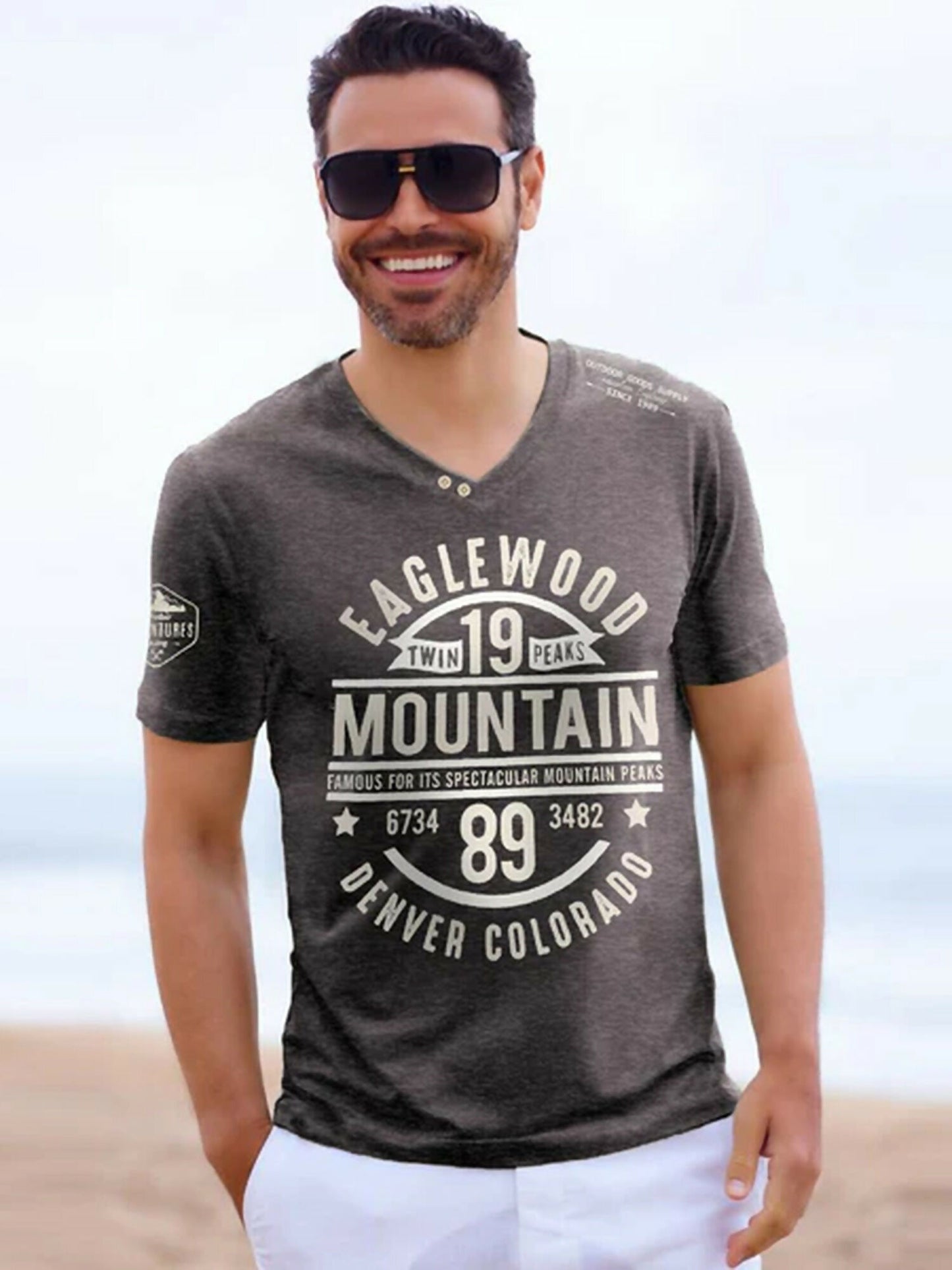 Brown Funky Printed Eagle Wood V Neck Tee Shirt-14407