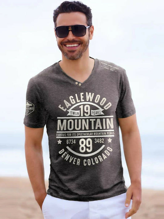 Brown Funky Printed Eagle Wood V Neck Tee Shirt-14407