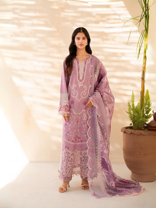 Pink RajBari Jahaan Premium Festive Lawn Embroidered Unstitched 3-Piece Suit-SILA 3-B