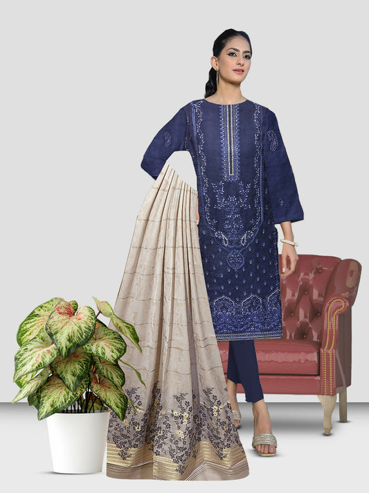 Embroidered lawn shirt with plain cotton trouser and jacquard dupatta.