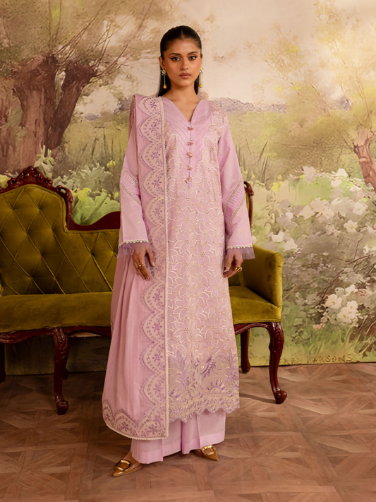 Unstitched 3-piece suit with embroidered lawn shirt, dyed trouser, and embroidered dupatta.