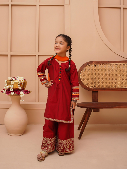 Kidoz Kloset Cotton Silk Embroidered Stitched 3-Piece Suit-Amber Mirage Trouser-Girl