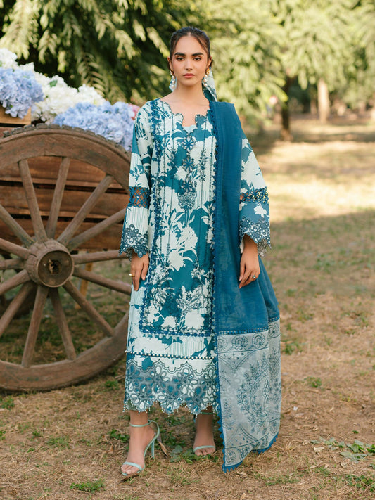 Parishay embroidered lawn front with intricate neckline and borders – stitched 3-piece suit