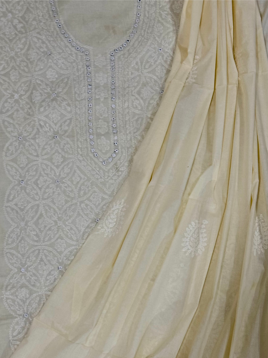 Fehm unstitched blue lawn 2-piece suit with all-over hand embroidery on the shirt and matching lawn dupatta featuring scattered hand embroidered boti motifs.