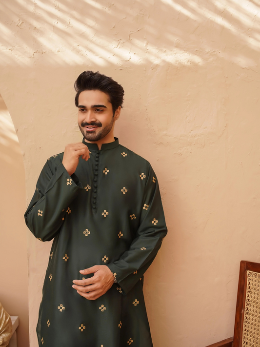 Kidoz Kloset Cotton Silk Printed Kurta Pajama-Emerald Aura-Men