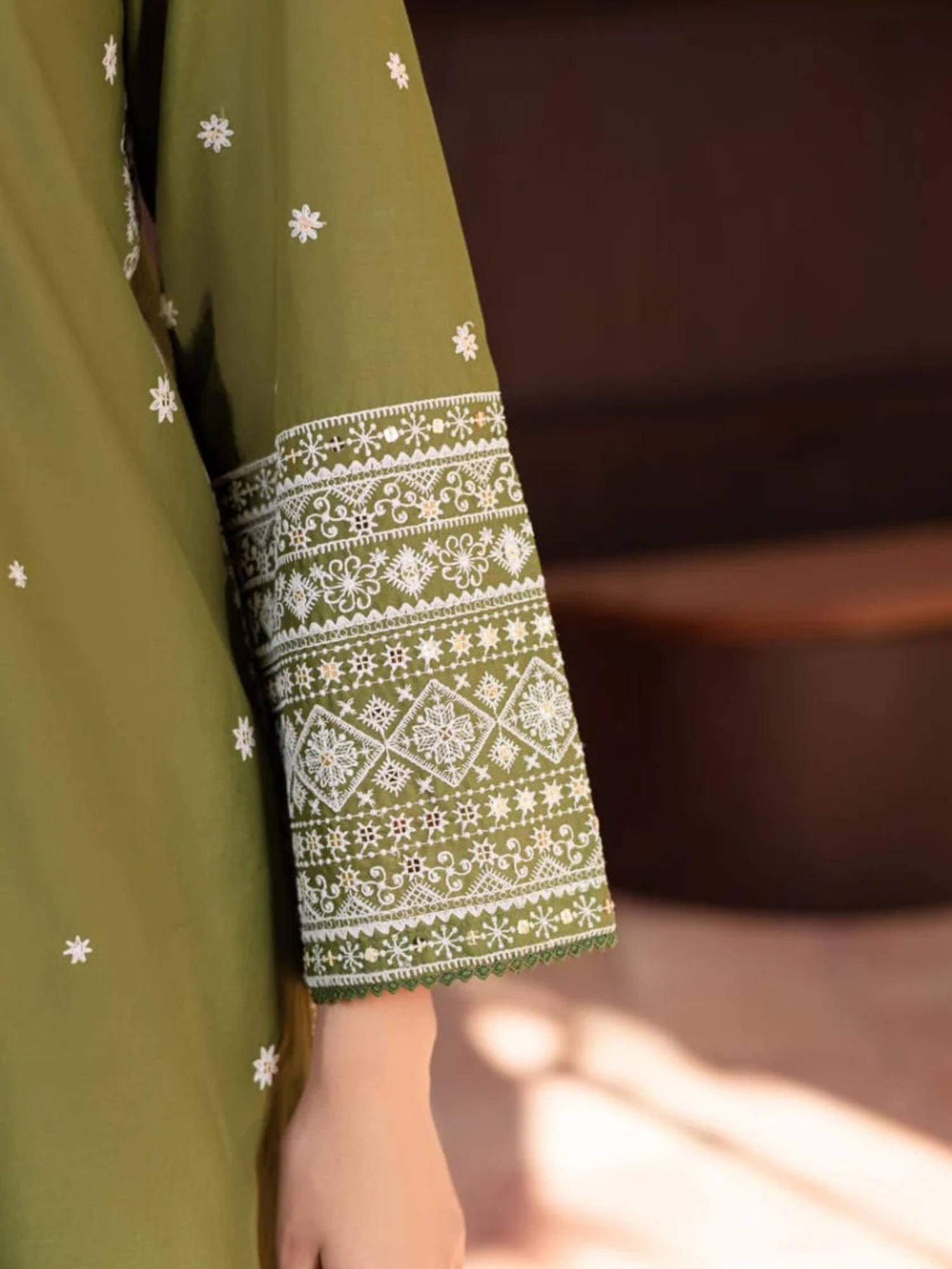 Olive Ayat Closet Linen Embroidered Stitched 2-Piece Suit-Lime Light