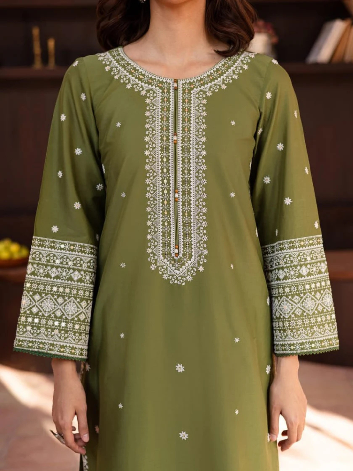 Olive Ayat Closet Linen Embroidered Stitched 2-Piece Suit-Lime Light